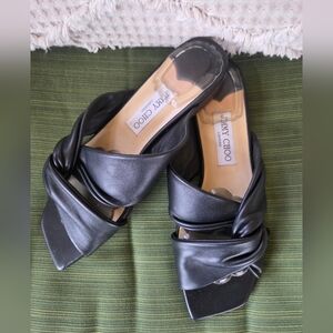 Jimmy Choo Narissa Black Nappa Leather Twist Knot Mules Flats